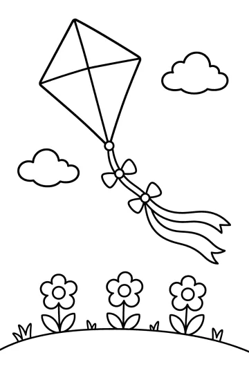 Disegno da colorare di un aquilone con fiocco e lunga coda, nuvole e fiori.