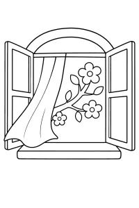 Fenêtre ouverte avec branche fleurie dessin à colorier PDF gratuit