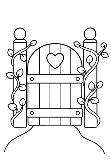 Cancello da giardino arrotondato con cuore centrale, rampicanti e foglie sui pilastri