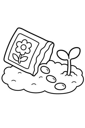 Bustina di semi aperta con un fiore disegnato, semi sul terreno e piccolo germoglio con due foglie