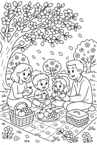 Famiglia al picnic sotto l'albero in fiore disegno da colorare PDF gratis
