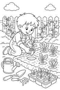 Bambino che pianta un orto primaverile disegno da colorare PDF gratis