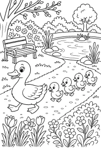 Famiglia di anatre nel parco in primavera disegno da colorare PDF gratis