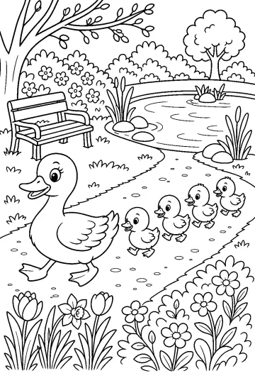 Mamá pata con cuatro patitos caminando por un sendero en un parque con estanque, banco y flores.