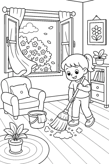 Child sweeping the floor in a room with an open window, curtains, an armchair, and plants