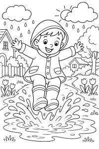 Bambino che salta in una pozzanghera disegno da colorare PDF gratis