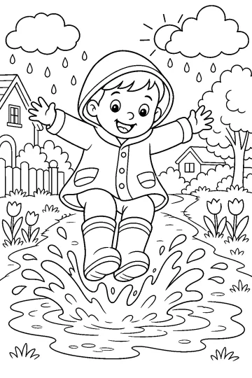 Child wearing a raincoat jumping into a large puddle in the rain