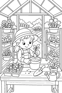 Bambina che rinvasa una piantina in serra disegno da colorare PDF gratis