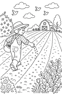 Contadino che semina nel campo di primavera disegno da colorare PDF gratis