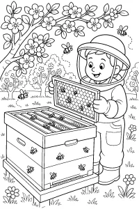 Apicoltore con alveare in fiore disegno da colorare PDF gratis