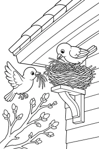 Uccellini costruiscono il nido sotto il tetto disegno da colorare PDF gratis