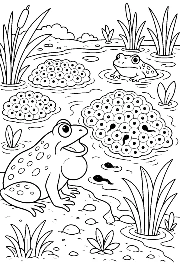 Dos ranas en un estanque con grupos de huevas de rana, renacuajos, juncos y plantas acuáticas.