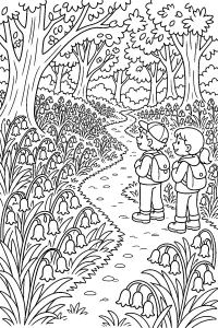 Sentiero nel bosco tra i mughetti disegno da colorare PDF gratis