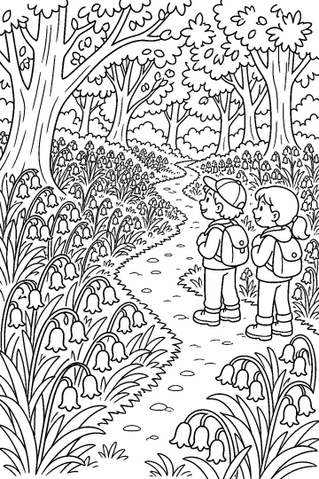 Due bambini con zainetti su un sentiero nel bosco circondato da mughetti e alberi