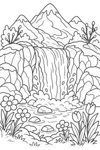 Cascata di montagna con fiori primaverili disegno da colorare PDF gratis