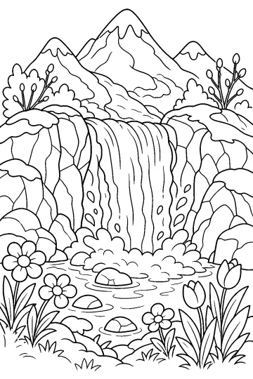Coloring page of a waterfall between rocky mountains, with a pond, flowers, and plants in the foreground.