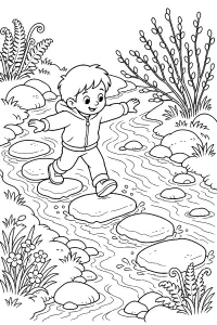 Bambino che attraversa il ruscello disegno da colorare PDF gratis