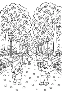 Bambini nel viale fiorito di primavera disegno da colorare PDF gratis