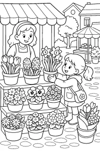 Bambina al mercato dei fiori disegno da colorare PDF gratis