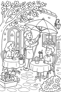 Terrazza del caffè in primavera disegno da colorare PDF gratis