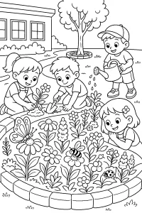 Bambini nel giardino fiorito della scuola disegno da colorare PDF gratis
