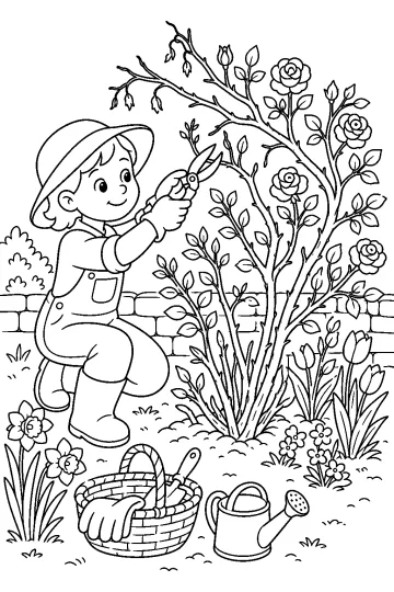 Giardiniera inginocchiata che pota un grande cespuglio fiorito con le cesoie