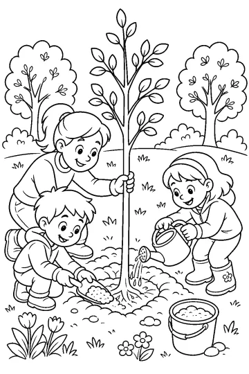 Tre bambini piantano un giovane albero mentre uno versa acqua con un annaffiatoio