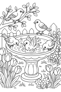 Uccellini alla fontanella in primavera disegno da colorare PDF gratis