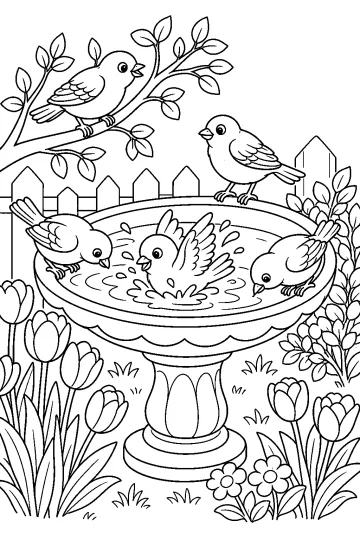 Dessin à colorier d'oiseaux autour d'un bain d'oiseaux, avec des tulipes, des fleurs, des branches feuillues et une clôture.
