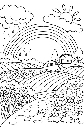 Disegno da colorare con arcobaleno sui campi, sole, nuvole di pioggia, casetta e fiori