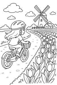 Bambino in bicicletta tra i tulipani disegno da colorare PDF gratis
