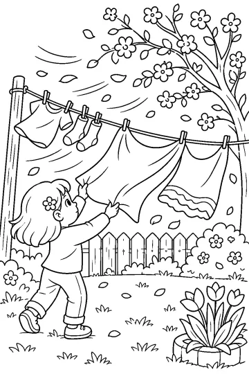 Fille attrapant un drap qui s'envole sur un fil à linge dans un jardin fleuri