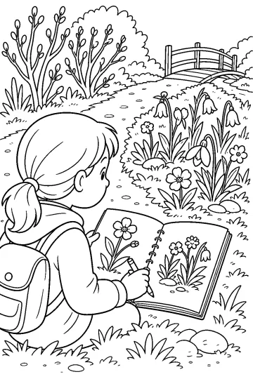 Fille vue de dos dessinant des fleurs dans un carnet ouvert près d'un chemin fleuri et d'un pont.