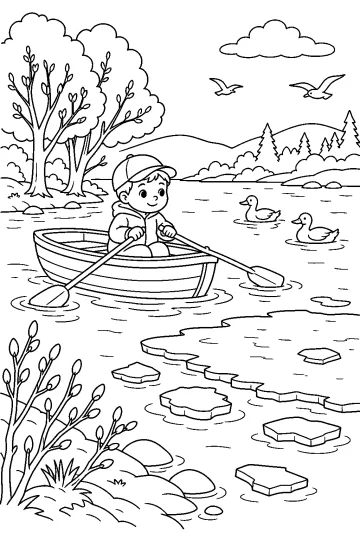 Boy rowing a boat on a lake with ducks, budding trees, hills, and floating ice pieces