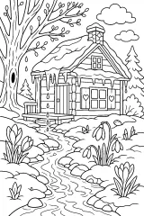 Baita nel bosco al disgelo di primavera disegno da colorare PDF gratis