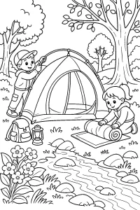 Bambini montano una tenda in primavera disegno da colorare PDF gratis