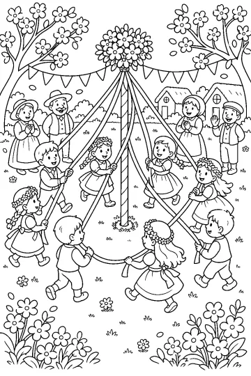 Children dancing in a circle with ribbons around a flower-topped maypole.