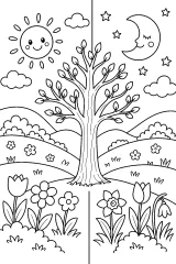 Equinozio di primavera con albero, sole e luna disegno da colorare PDF gratis