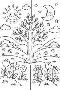 Equinozio di primavera con albero, sole e luna disegno da colorare PDF gratis