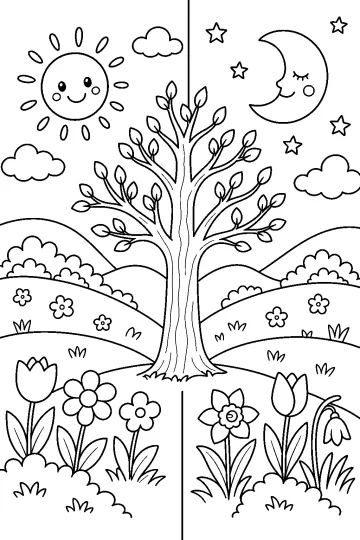 Coloring page showing a tree in the center, a sun on the left and a moon with stars on the right, above hills and flowers.