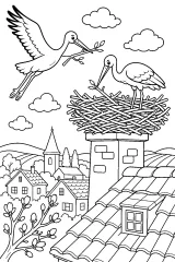 Cicogne sul nido sopra il villaggio disegno da colorare PDF gratis