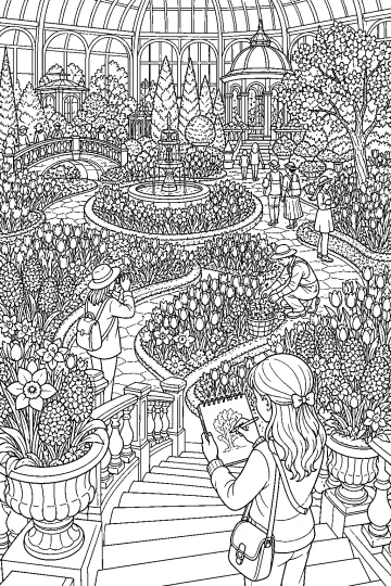 Disegno da colorare di un giardino botanico in serra con fontana, tulipani, visitatori, ponte e padiglione.