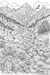 Valle montana in primavera con animali e cascate disegno da colorare PDF gratis