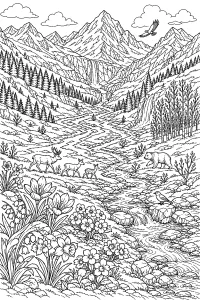 Valle montana in primavera con animali e cascate disegno da colorare PDF gratis