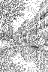 Strada di città dopo la pioggia primaverile disegno da colorare PDF gratis