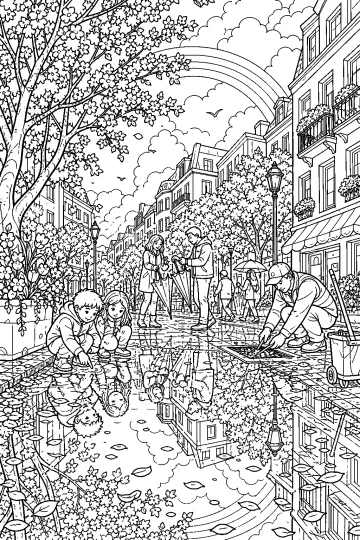 Strada di città bagnata dalla pioggia con bambini vicino a una pozzanghera, alberi fioriti, ombrelli e arcobaleno.