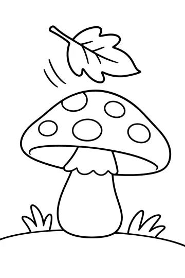 Disegno da colorare di un grande fungo a pois con una foglia che cade sopra e ciuffi d'erba.