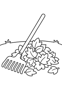 Ancinho sobre monte de folhas desenho para colorir PDF grátis