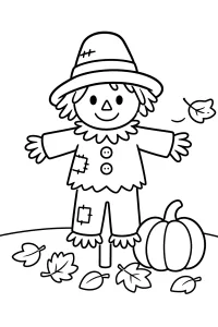 Autumn Scarecrow with Pumpkin and Leaves coloring page free PDF