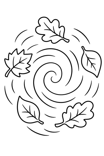 Coloring page showing five leaves swirling around a central spiral